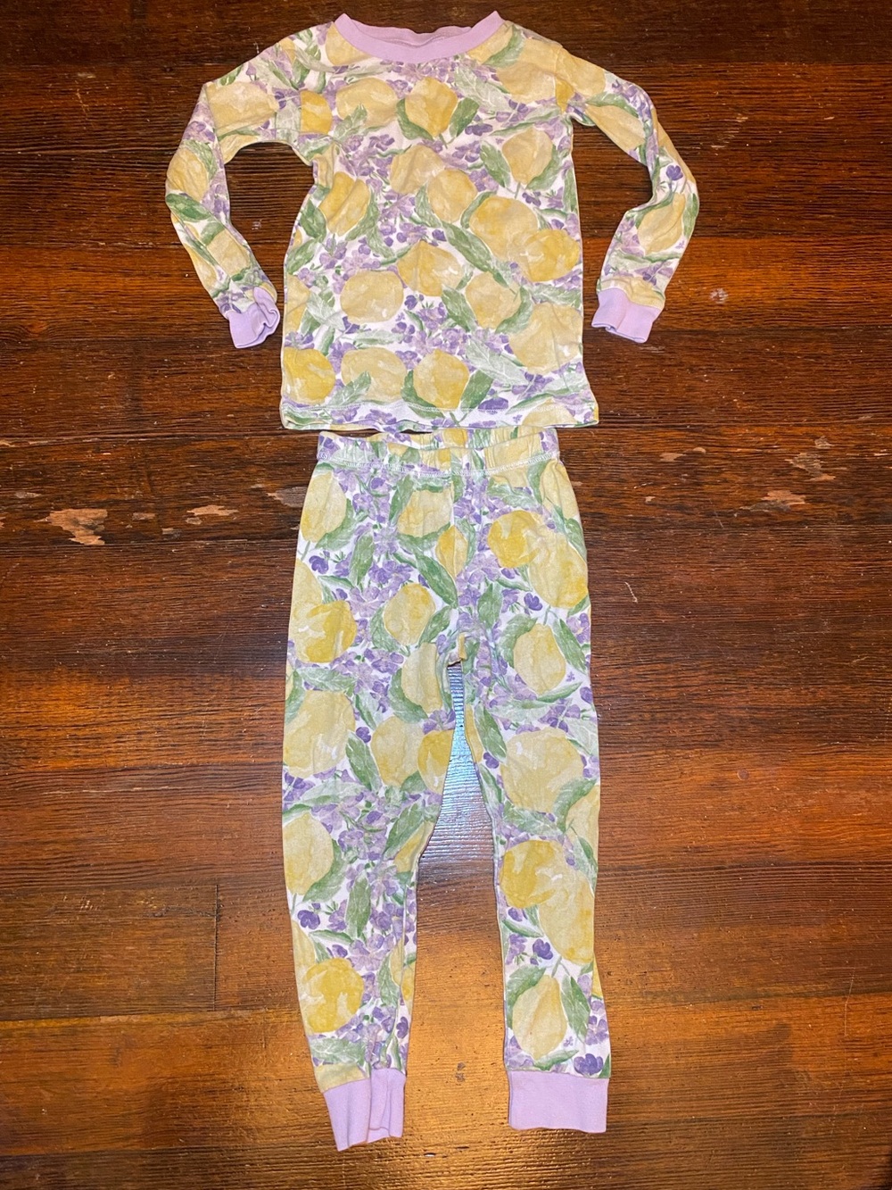 VGUC Burts Bees Organic Cotton Floral Lemon Long Sleeve Pajama Set Lavender Trim